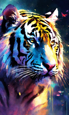 Tiger painting on colorful background, watercolor illustration, digital paintingの素材