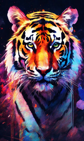 Tiger art painting. Hand drawn tiger on abstract colorful background.の素材