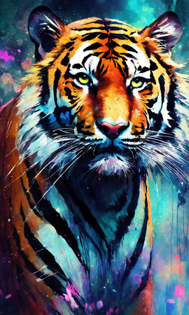 Tiger portrait on colorful background. Colorful painting with tiger.の素材