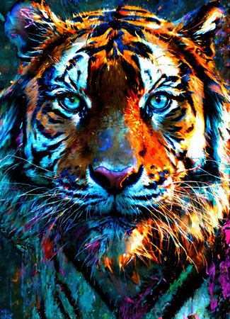 Tiger face with colorful grunge background. Digital painting effect.の素材