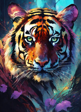 Tiger. Abstract painting of a tiger on a colorful background.の素材