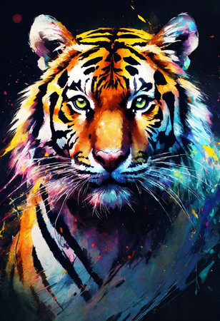 Tiger art illustration. Abstract tiger portrait on colorful watercolor background.の素材