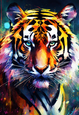 Tiger painting on colorful background, tiger art design, digital illustrationの素材