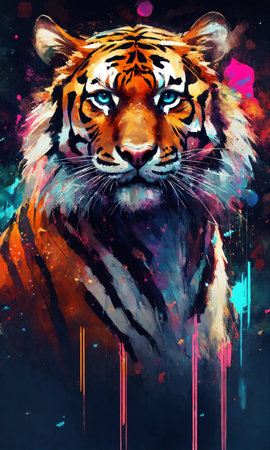 Tiger painting on colorful background, tiger art design, digital illustrationの素材