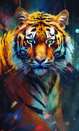 Tiger painting on colorful background, tiger art design, digital illustrationの素材