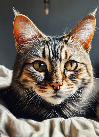 Portrait of a Maine Coon cat on a gray background.の素材
