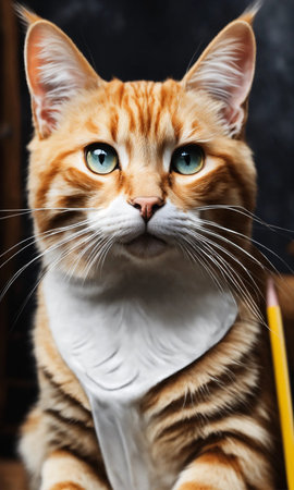 Portrait of ginger cat with blue eyes and yellow pencils.の素材