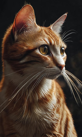 Portrait of a red cat on a dark background, close-upの素材