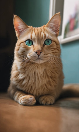 Cute ginger cat with blue eyes sitting on the floor at homeの素材