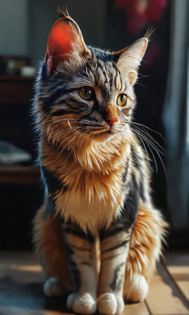 Portrait of a Maine Coon cat sitting on the floor.の素材
