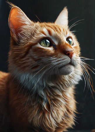 Portrait of a red cat with green eyes on a dark backgroundの素材