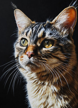 Portrait of a Maine Coon cat on a black background.の素材