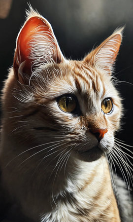 Portrait of a red tabby cat on a dark background.の素材