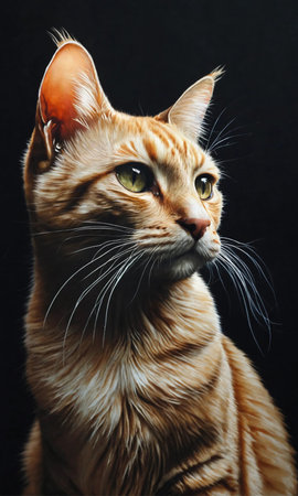 Portrait of a red cat on a black background. Studio shot.の素材