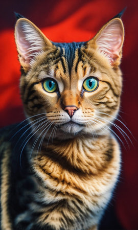Portrait of a cute bengal cat on a red backgroundの素材