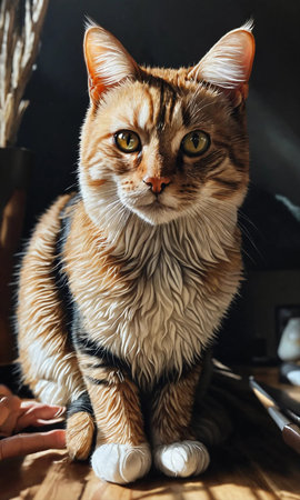 Portrait of a beautiful ginger cat sitting on the floor and looking at the cameraの素材