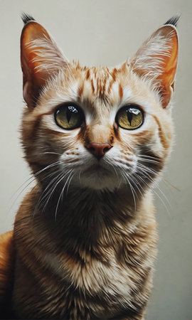 Portrait of a red cat with yellow eyes on a gray backgroundの素材