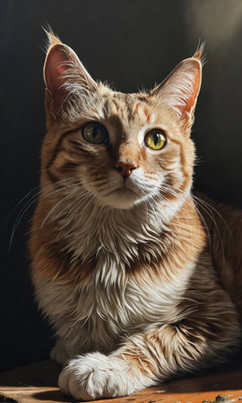 Portrait of a ginger cat with yellow eyes on a dark backgroundの素材