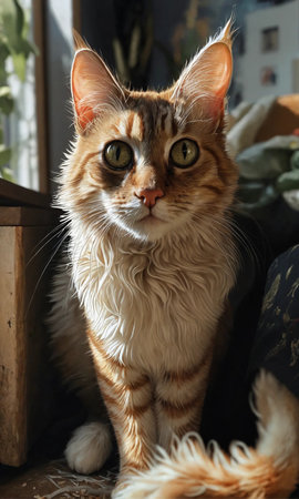 Portrait of a ginger cat with yellow eyes sitting on a chairの素材