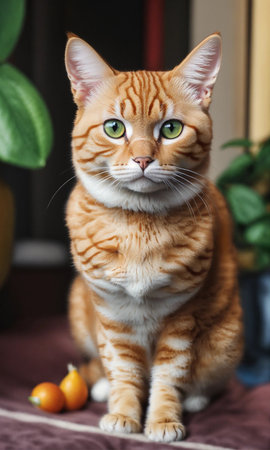 Cute ginger cat with green eyes sitting on sofa and looking at cameraの素材