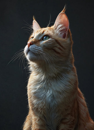 Portrait of a ginger cat on a black background. Studio shot.の素材