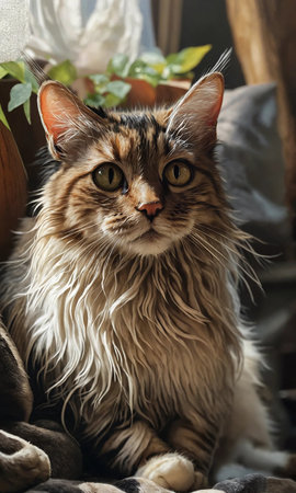 Portrait of a beautiful long-haired cat of siberian breedの素材