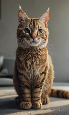 Beautiful ginger cat sitting on the floor and looking at the cameraの素材