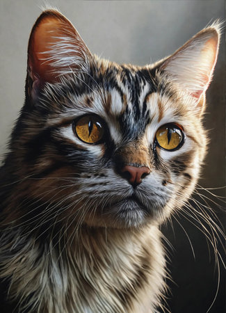 Portrait of Maine Coon cat with yellow eyes on gray backgroundの素材