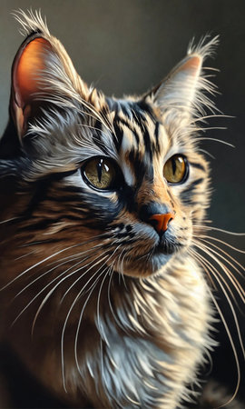 Portrait of Maine Coon cat on dark background. Close up.の素材
