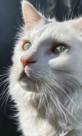 Portrait of a white cat with green eyes on a black backgroundの素材