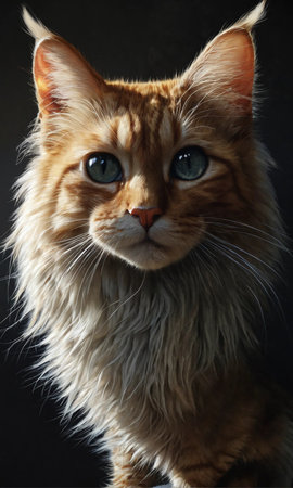 Portrait of a red Maine Coon cat on a black backgroundの素材