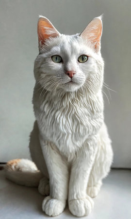 White cat with green eyes sitting on the floor and looking at the cameraの素材