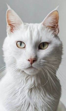 Portrait of a white cat with green eyes on a gray backgroundの素材