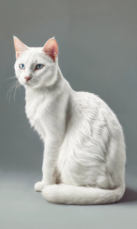 White cat with blue eyes sitting on gray background. Studio shot.の素材