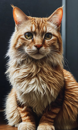 Portrait of a red Maine Coon cat on a dark backgroundの素材