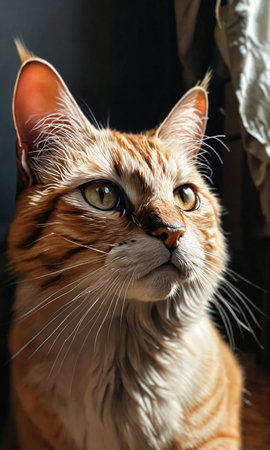 Portrait of a red Maine Coon cat on a dark backgroundの素材
