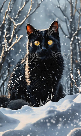 Black cat in the winter forest on a background of snowfall.の素材