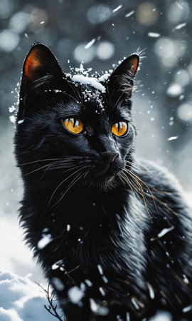 Beautiful black cat with yellow eyes on a background of snowfallの素材