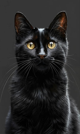 Close-up of a black cat with yellow eyes on a gray backgroundの素材