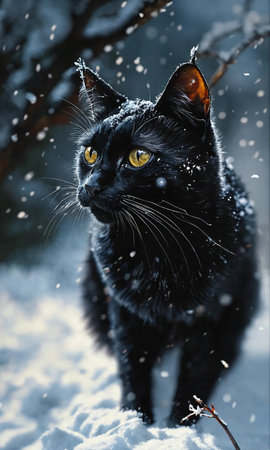 black cat in the snow on a background of a winter forest.の素材