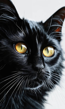 Portrait of black cat with yellow eyes on a white background.の素材