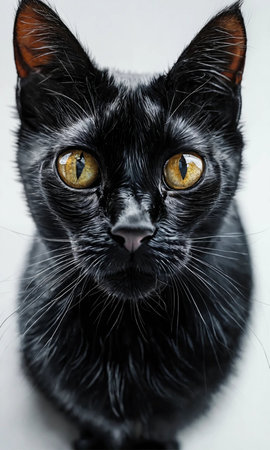 Portrait of a black cat with yellow eyes on a white backgroundの素材