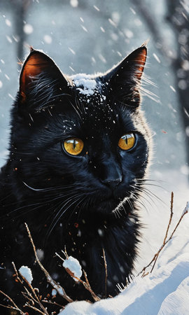 Beautiful black cat with yellow eyes on a winter snowy background.の素材