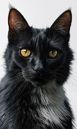 Black cat with yellow eyes isolated on white background. Studio shot.の素材