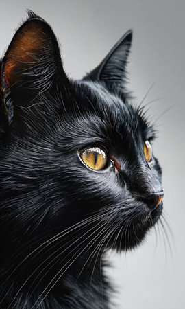 Portrait of a black cat with yellow eyes on a gray backgroundの素材