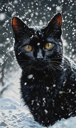 Black cat in the snow. Beautiful portrait of a black cat.の素材