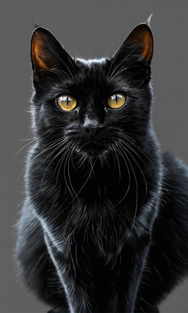 Portrait of a black cat with yellow eyes on a gray backgroundの素材