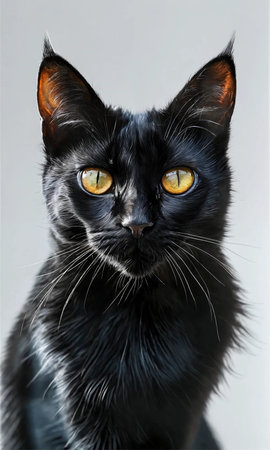 Portrait of a black cat with yellow eyes on a gray backgroundの素材