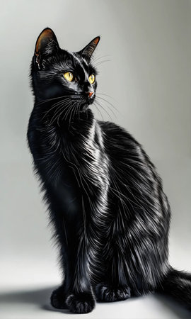 Black cat with yellow eyes sitting on a gray background. 3d renderingの素材