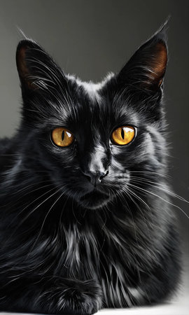 Portrait of a black cat with yellow eyes on a gray backgroundの素材